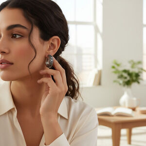 Vintage Graziano Earrings Hematite Silver-Tone Chunky Hoops Modernist Clip On